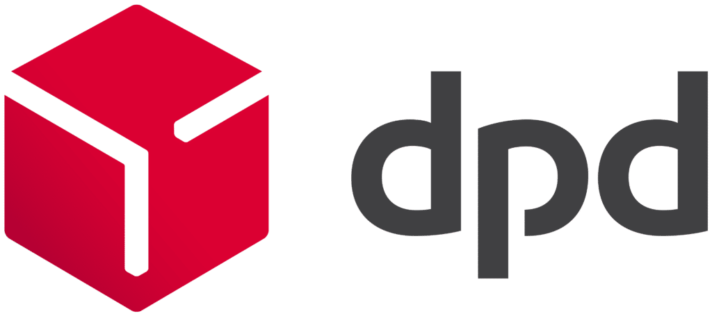Red cube logo with a partial outline and shadow, symbolising a package, next to bold, dark grey lowercase letters "dpd".