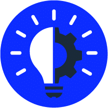 Icon depicting a half-lightbulb, half-gear design on a blue circle. Light rays surround the bulb.