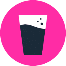 A icon of a glass with black liquid and bubbles on a bright pink circle background.
