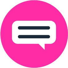 A white speech bubble with two black horizontal lines inside is centred on a bright pink circle.