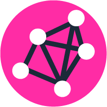 A vibrant logo featuring a pink circle with a black geometric network design overlay. The network has five connected white nodes.