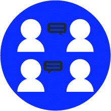 Icon of four white silhouettes on a blue circle, each pair connected by a black speech bubble.
