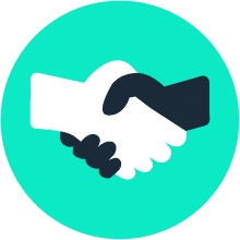 A black and white handshake icon on a turquoise circular background.